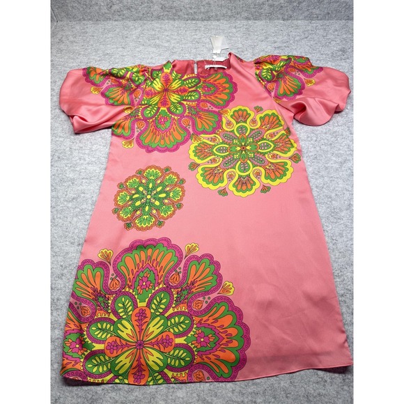 Trina Turk Dress Womens 12 Pink LUV Puff Sleeve Floral Psychedelic‎ 60s Mod New - Picture 1 of 12